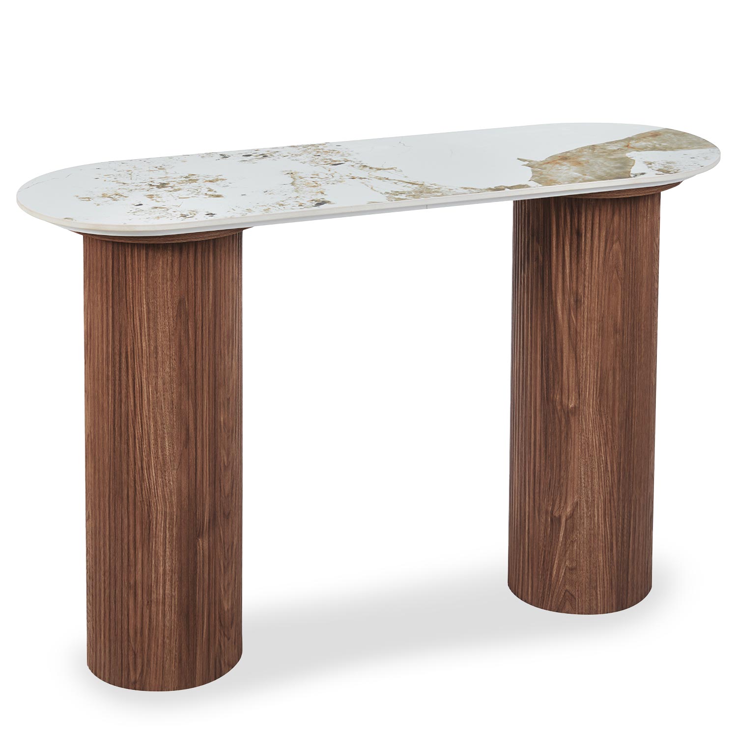 Console moderne pieds colonnes 40x120cm Eglantine Bois et Céramique Effet marbre Blanc