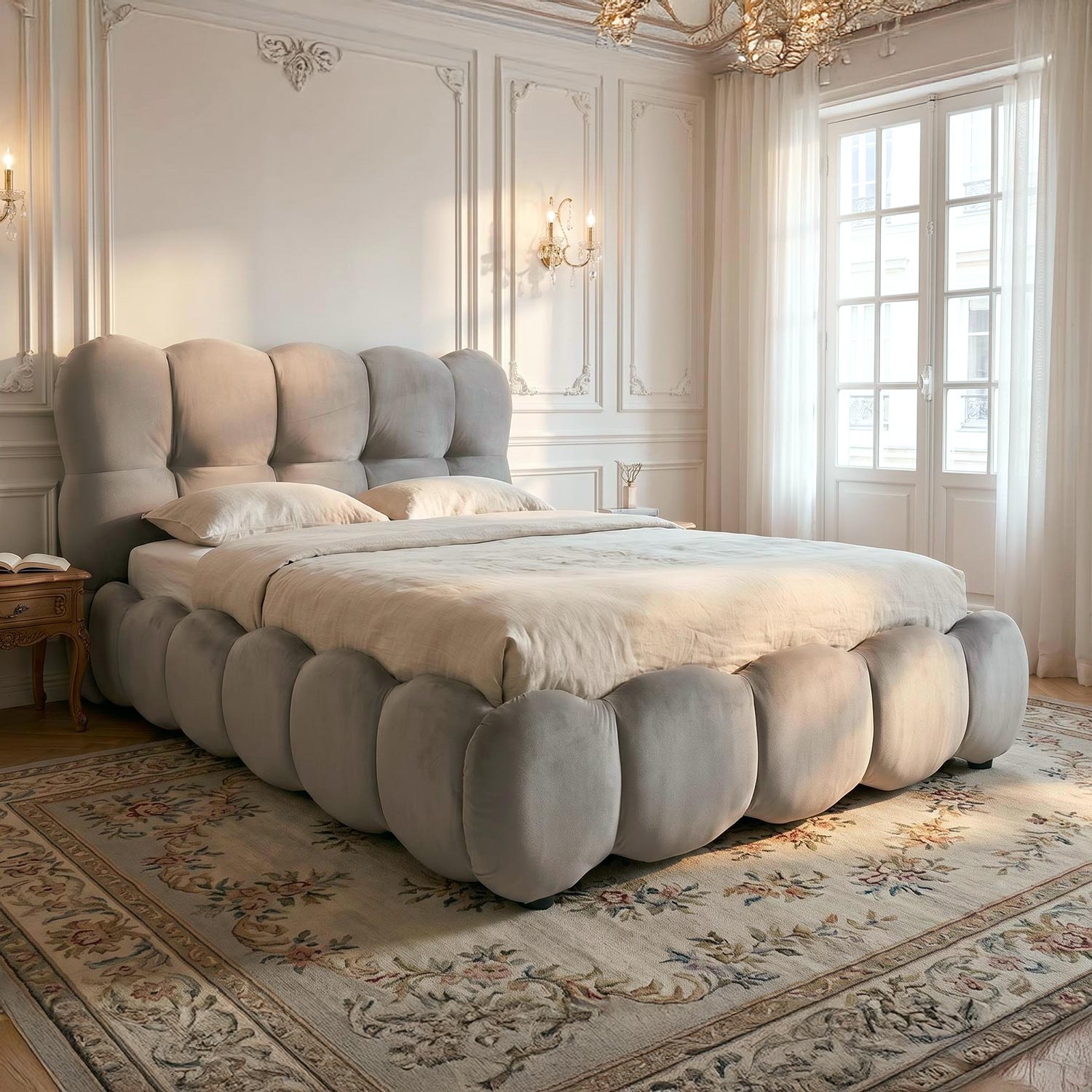 Lit-coffre design boule Bilbola avec sommier relevable 140x200cm Velours Gris