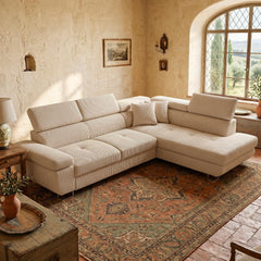 Canapé d'angle convertible Antoni avec têtières relevables angle à droite Velours côtelé Beige