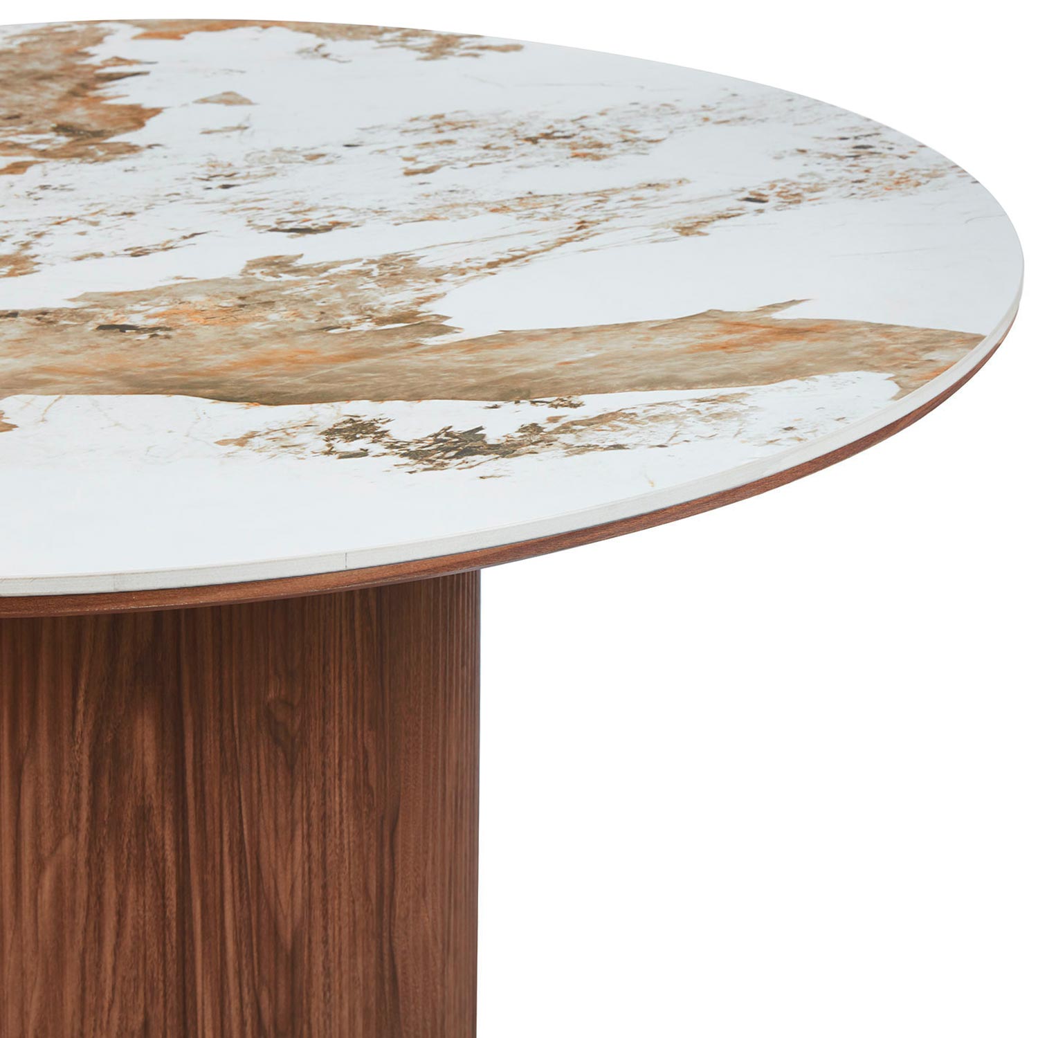 Table ronde moderne 120cm Églantine Céramique effet marbre blanc et pied colonne strié