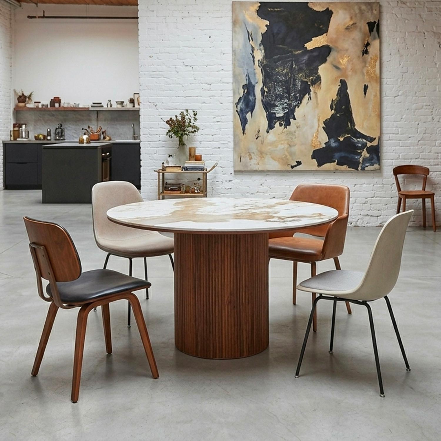Table ronde moderne 120cm Églantine Céramique effet marbre blanc et pied colonne strié