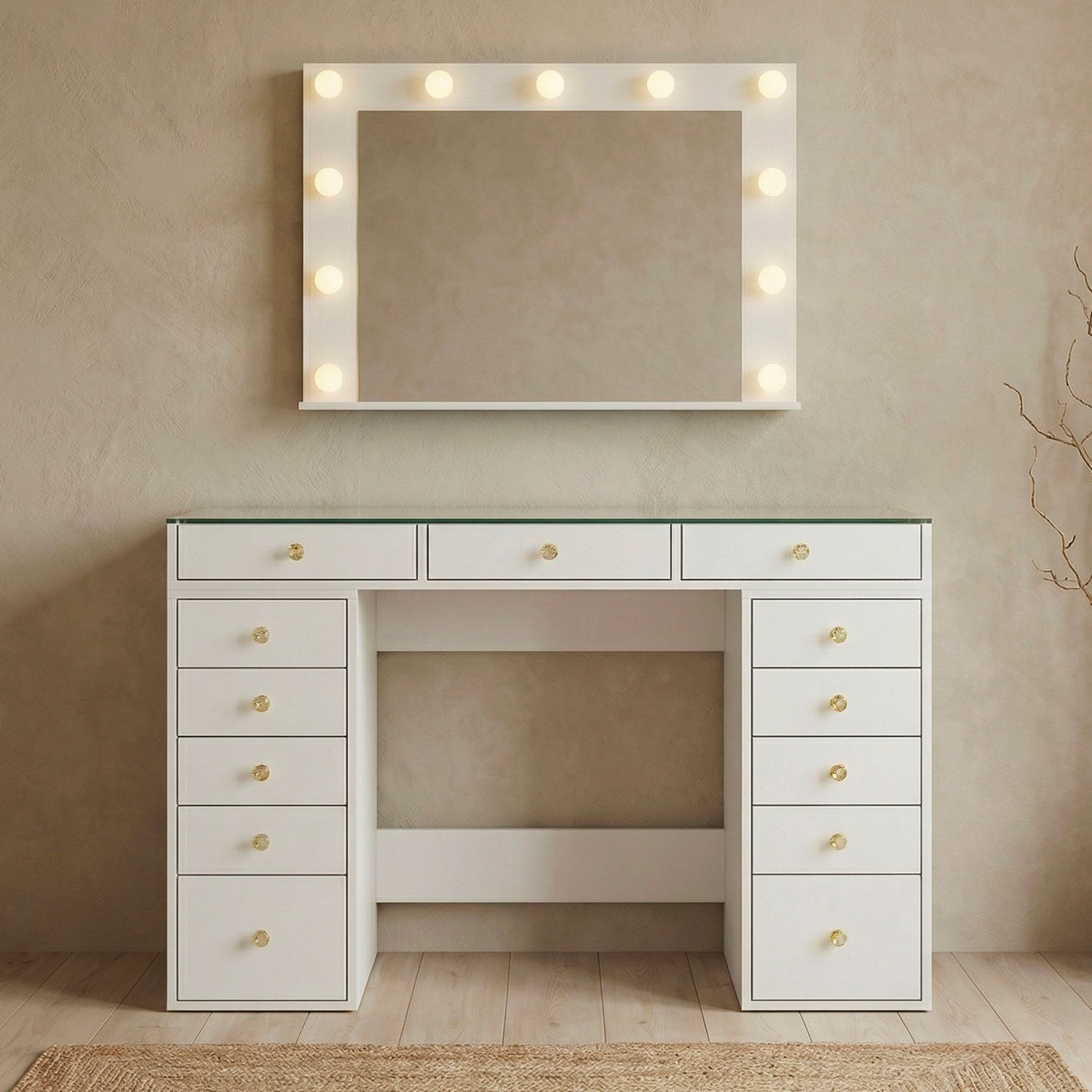 Coiffeuse moderne 13 tiroirs avec miroir lumineux et plateau en verre L120cm Probeauty Blanc
