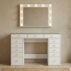 Coiffeuse moderne 13 tiroirs avec miroir lumineux et plateau en verre L120cm Probeauty Blanc