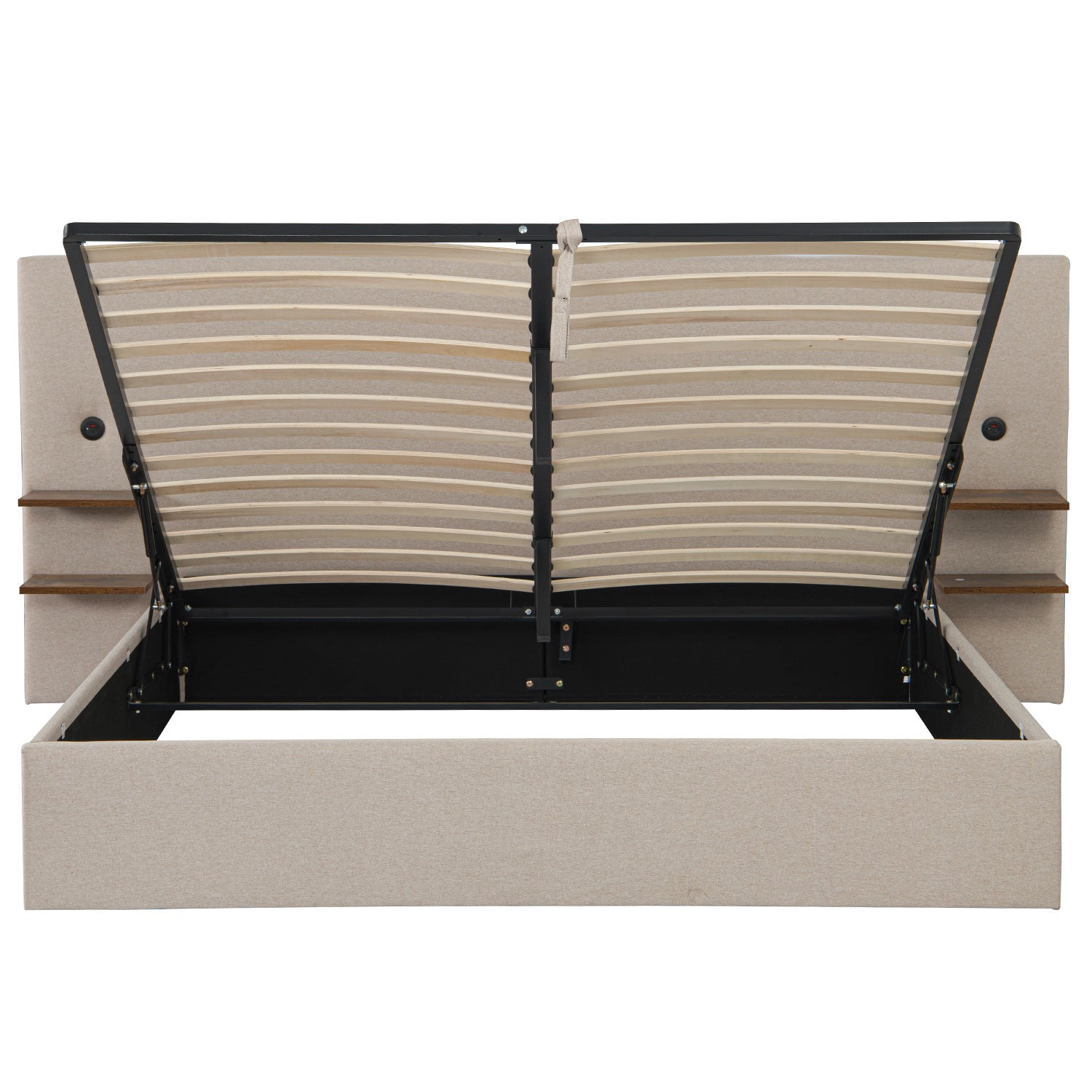Lit-coffre complet avec tablettes et ports USB intégrés Lukas 180x200cm Tissu Taupe clair
