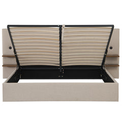 Lit-coffre complet avec tablettes et ports USB intégrés Lukas 180x200cm Tissu Taupe clair