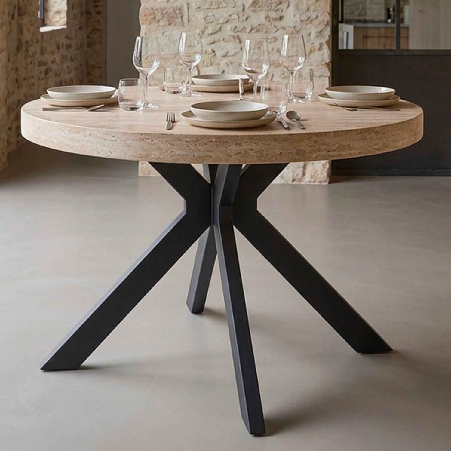 Table ronde extensible 110-260cm Myriade Effet travertin Beige et Noir