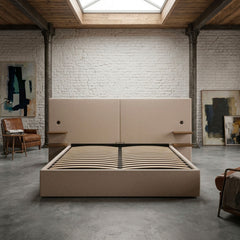 Lit-coffre complet avec tablettes et ports USB intégrés Lukas 180x200cm Tissu Taupe clair