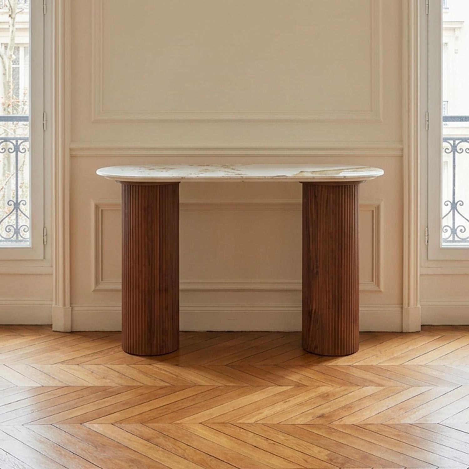 Console moderne pieds colonnes 40x120cm Eglantine Bois et Céramique Effet marbre Blanc