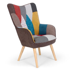 Sillón escandinavo de tela multicolor con respaldo capitoné