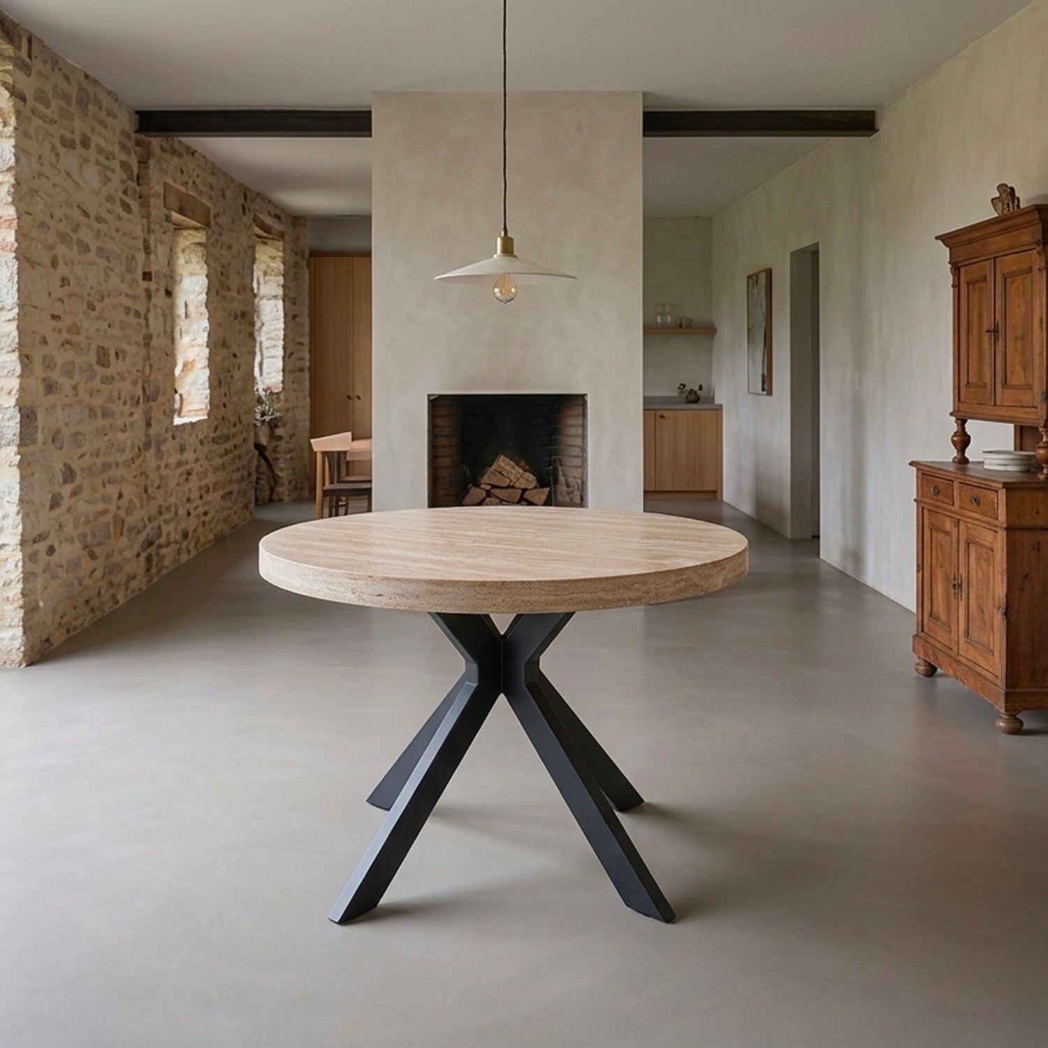 Table ronde extensible 110-260cm Myriade Effet travertin Beige et Noir