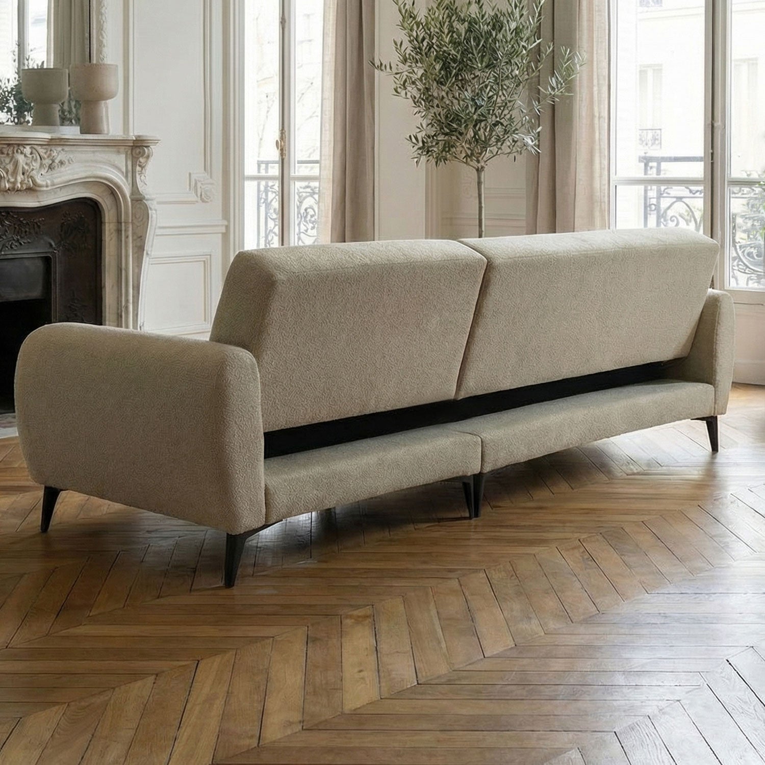 Canapé d'angle convertible avec méridienne arrondie Milord Tissu texturé taupe