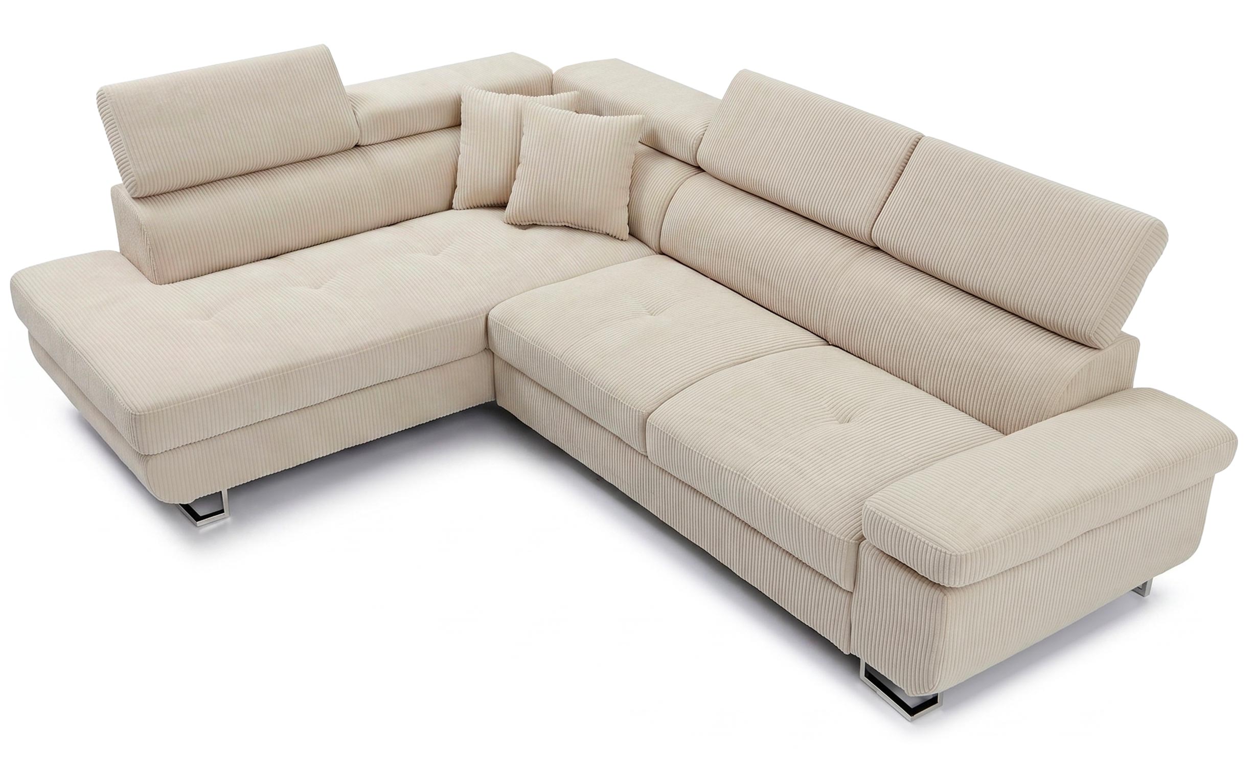 Canapé d'angle convertible Antoni avec têtières relevables angle à gauche Velours côtelé Beige