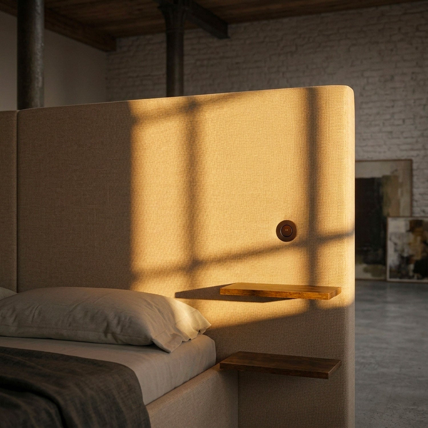 Lit-coffre complet avec tablettes et ports USB intégrés Lukas 180x200cm Tissu Taupe clair