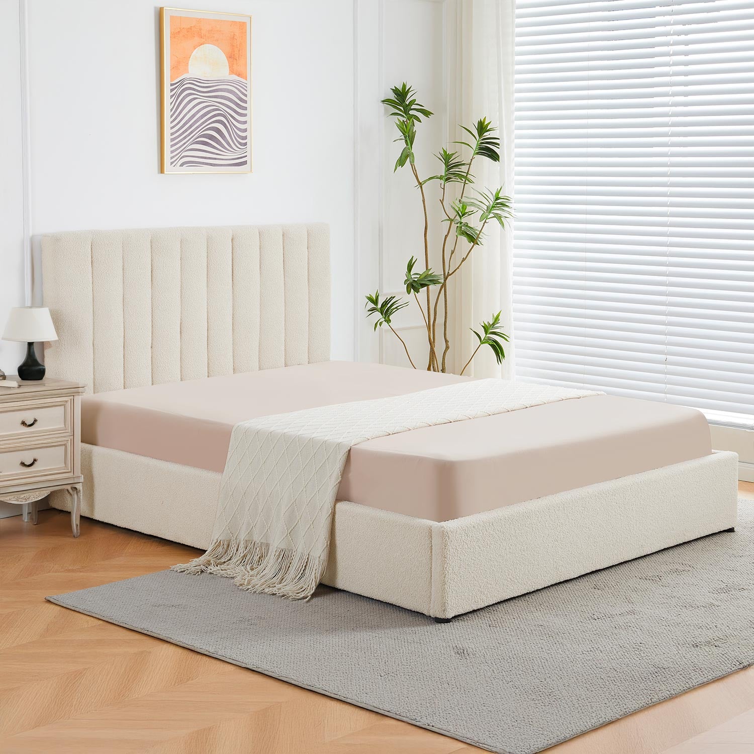 Lit Coffre Songe + Sommier Tissu bouclette Beige 140cm