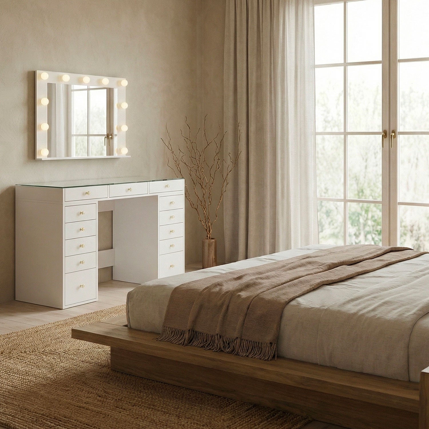 Coiffeuse moderne 13 tiroirs avec miroir lumineux et plateau en verre L120cm Probeauty Blanc