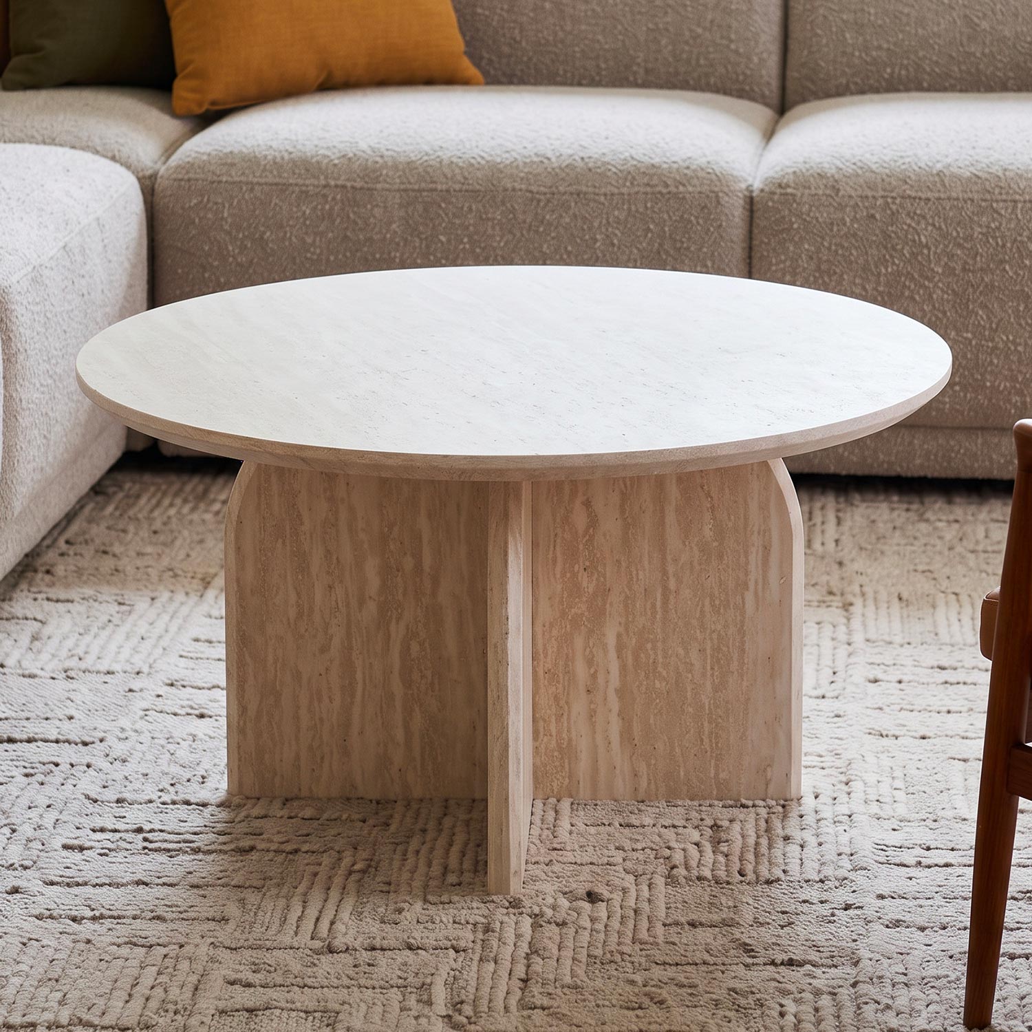 Table basse ronde élégante 80cm Calyptus Effet travertin Beige