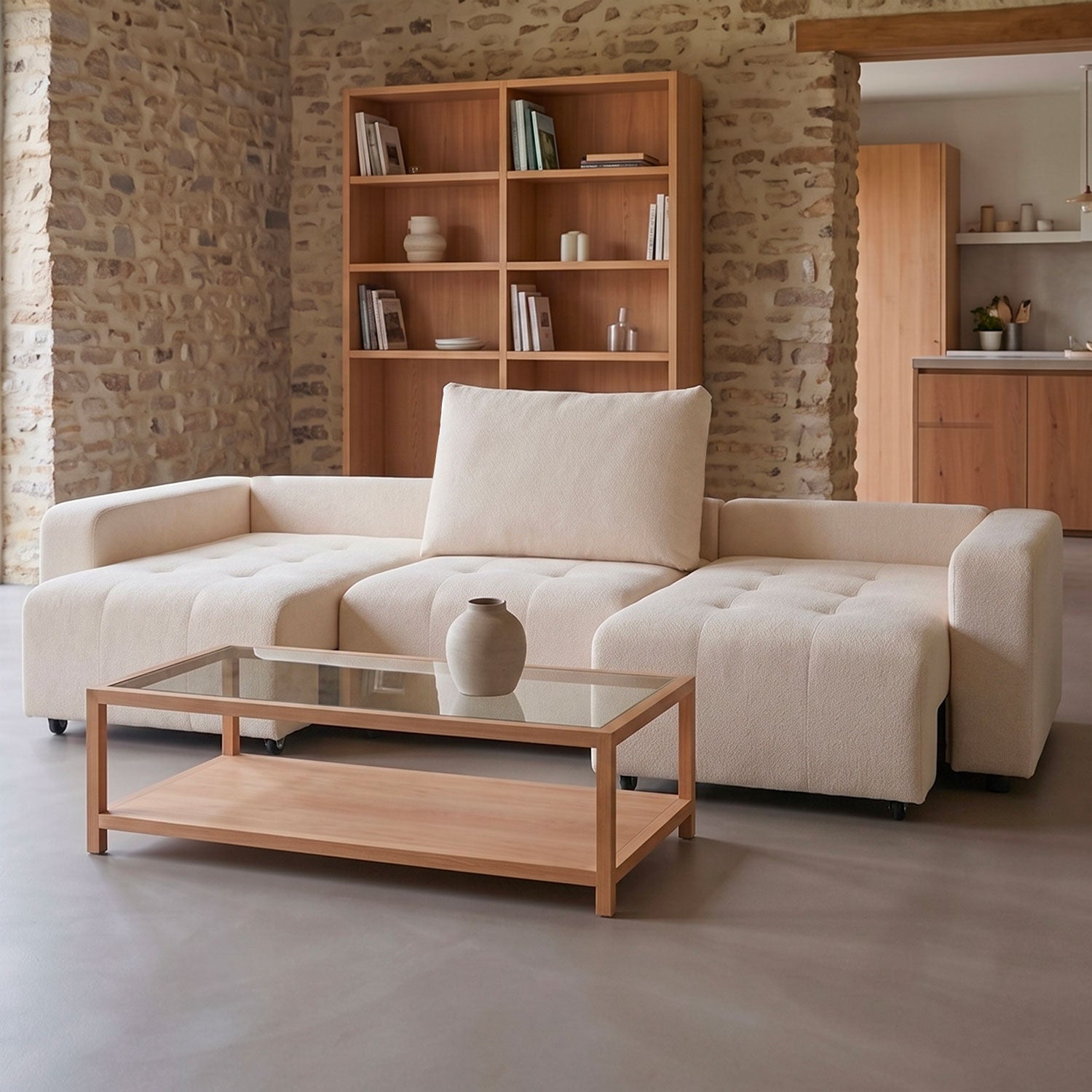 Canapé 3 places convertible et modulable Castelo Tissu texturé Crème