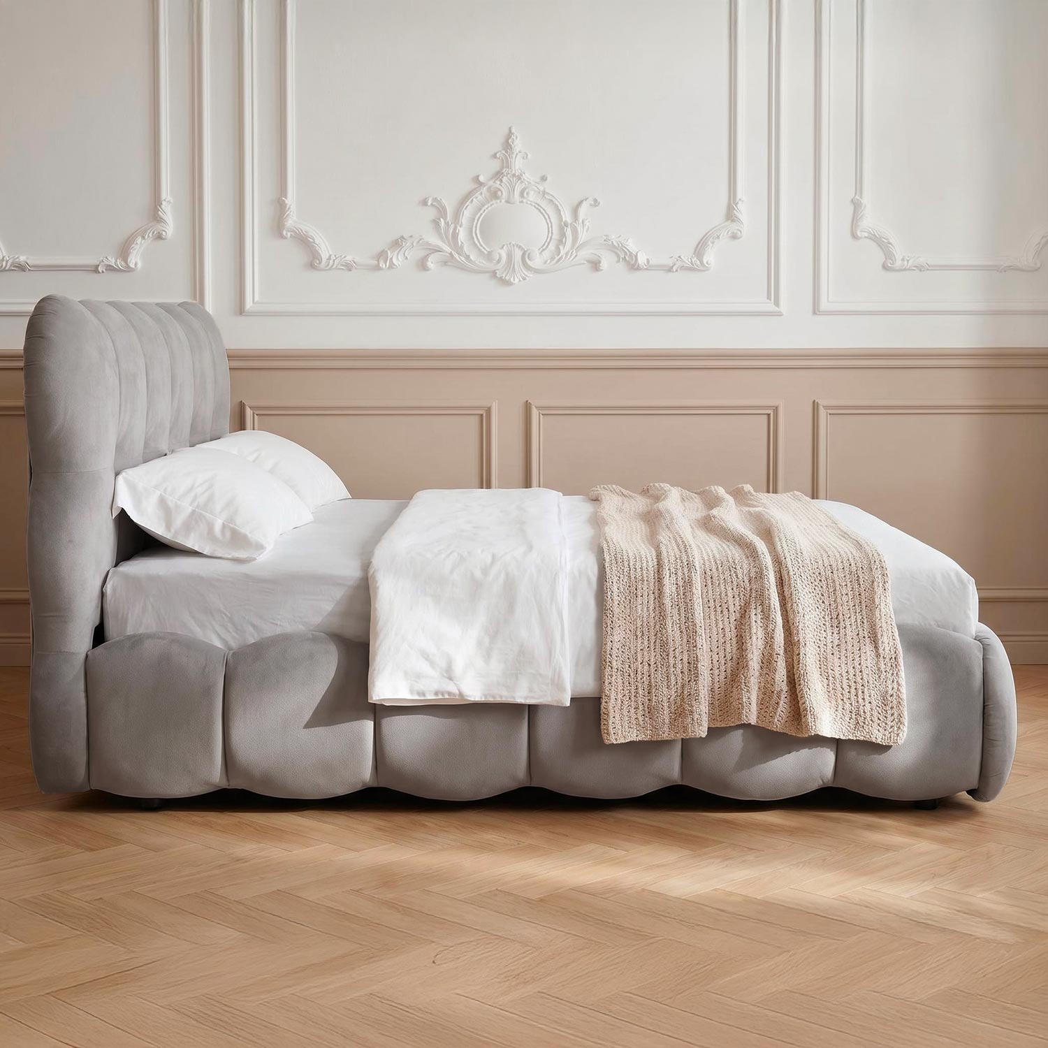 Pack Lit-coffre design boule Bilbola + Matelas Bedream 160x200cm Velours Gris
