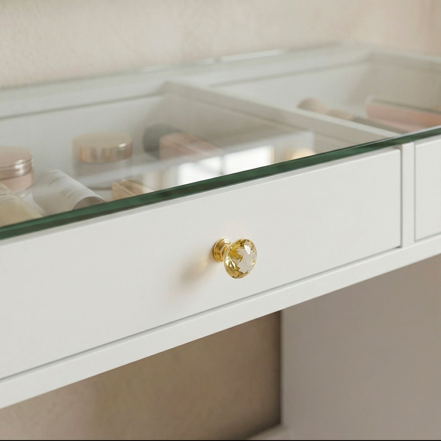 Coiffeuse moderne 13 tiroirs avec miroir lumineux et plateau en verre L120cm Probeauty Blanc