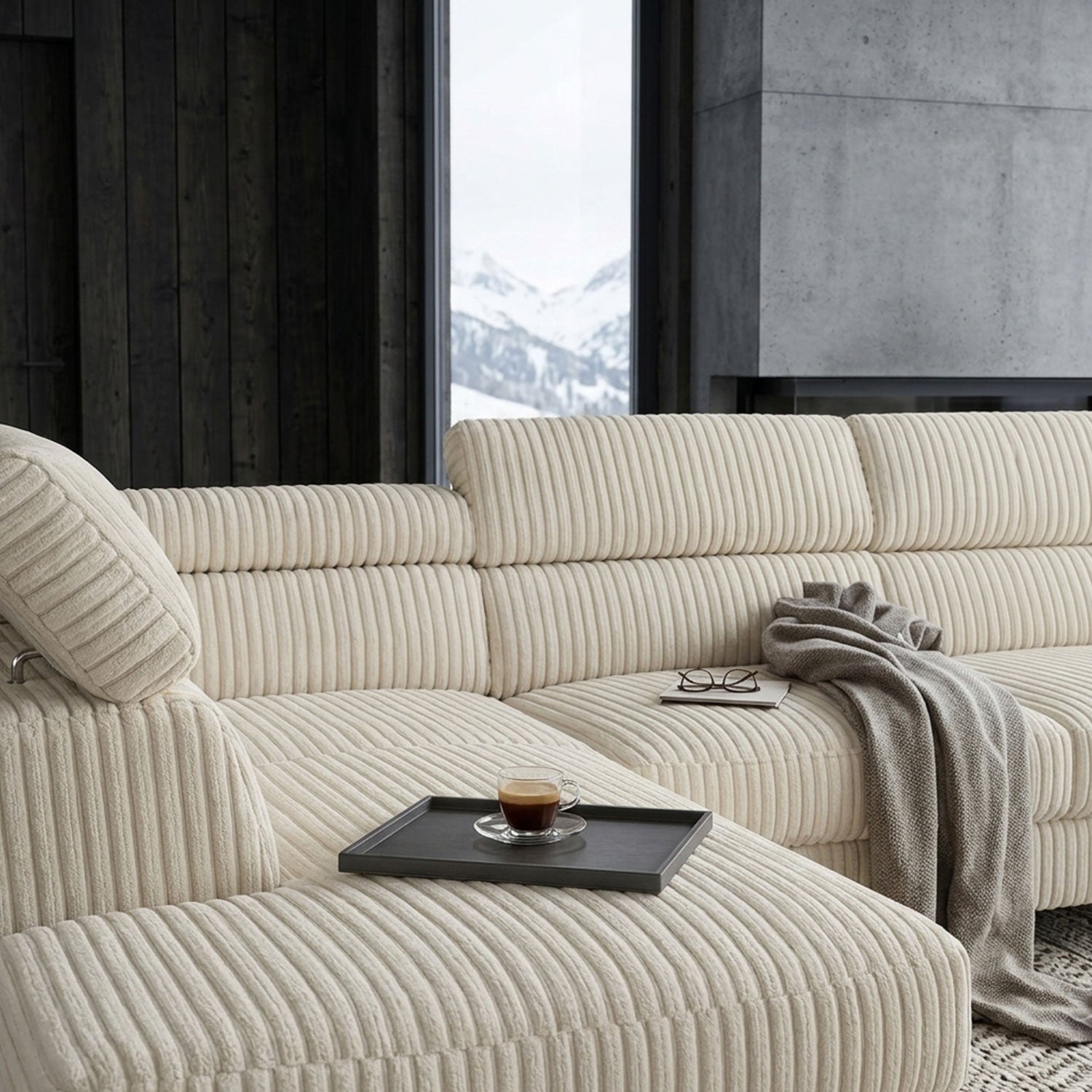 Canapé d'angle à gauche avec têtières relevables Quentin Velours côtelé Beige