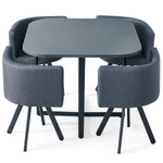 Mesa y 4 sillas grises de tela con estructura de metal negro