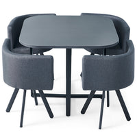 Table et 4 chaises gris en tissu avec structure en métal noir