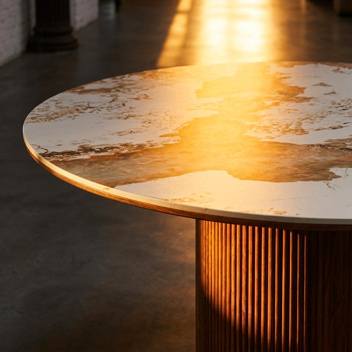 Table ronde moderne 120cm Églantine Céramique effet marbre blanc et pied colonne strié