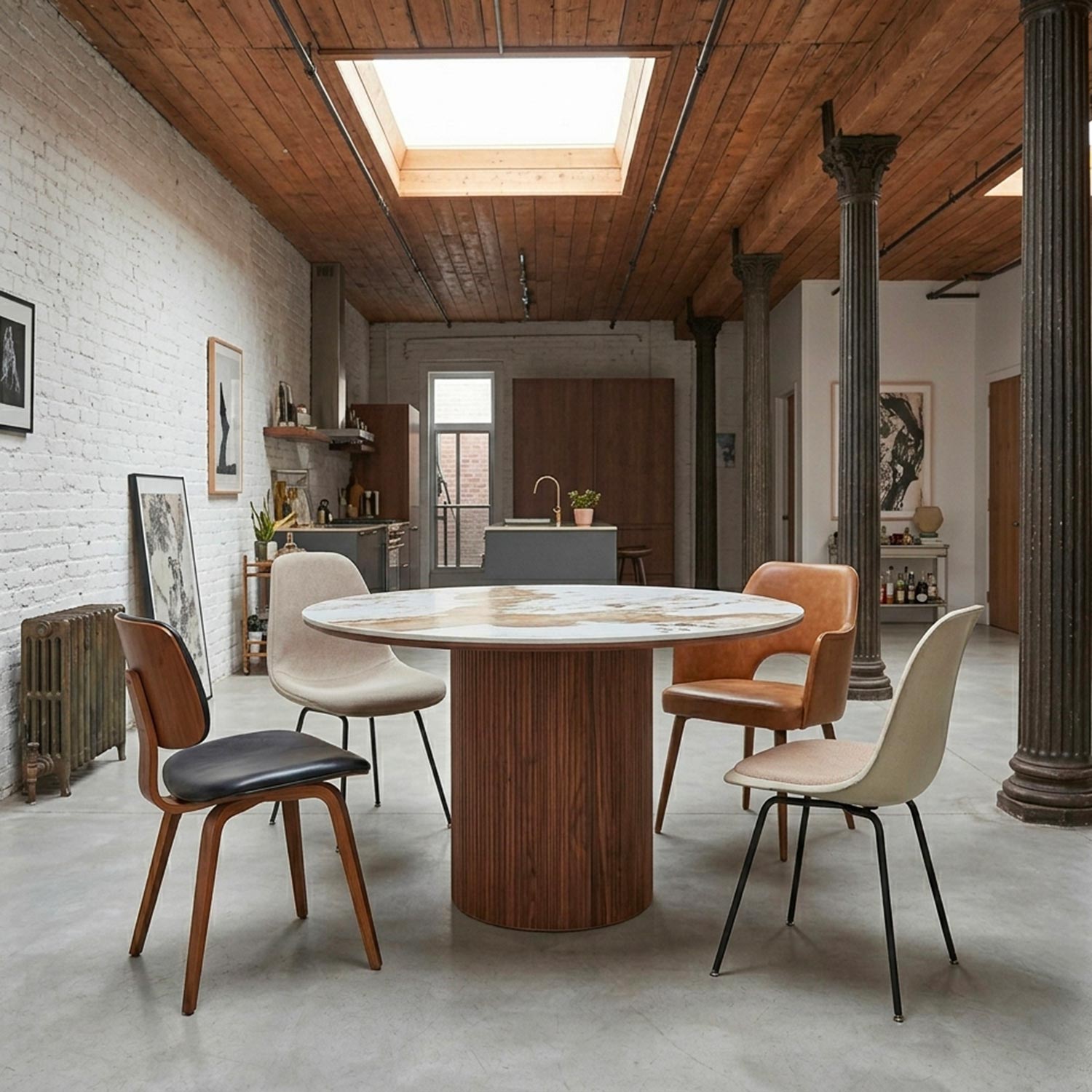 Table ronde moderne 120cm Églantine Céramique effet marbre blanc et pied colonne strié