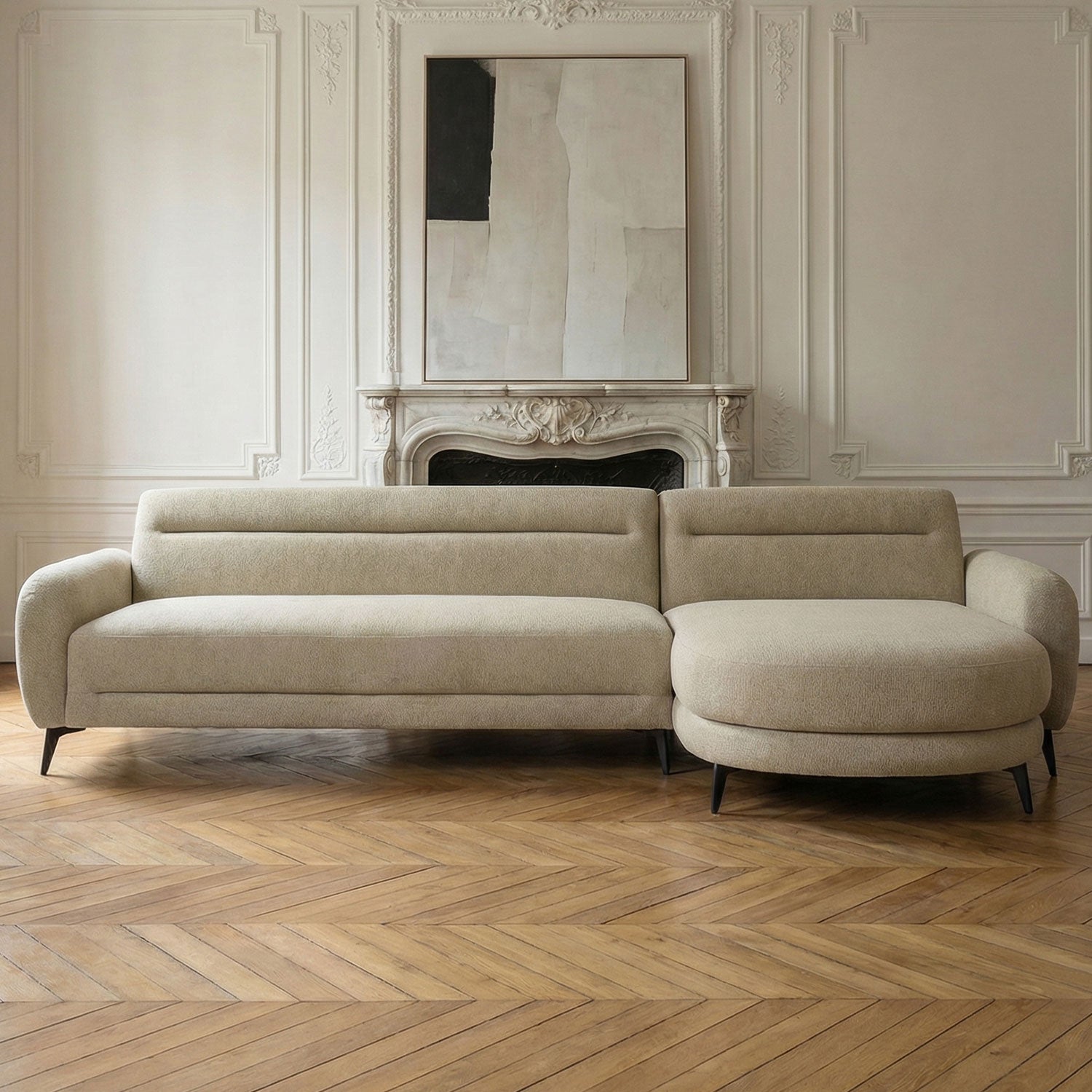 Canapé d'angle convertible avec méridienne arrondie Milord Tissu texturé taupe