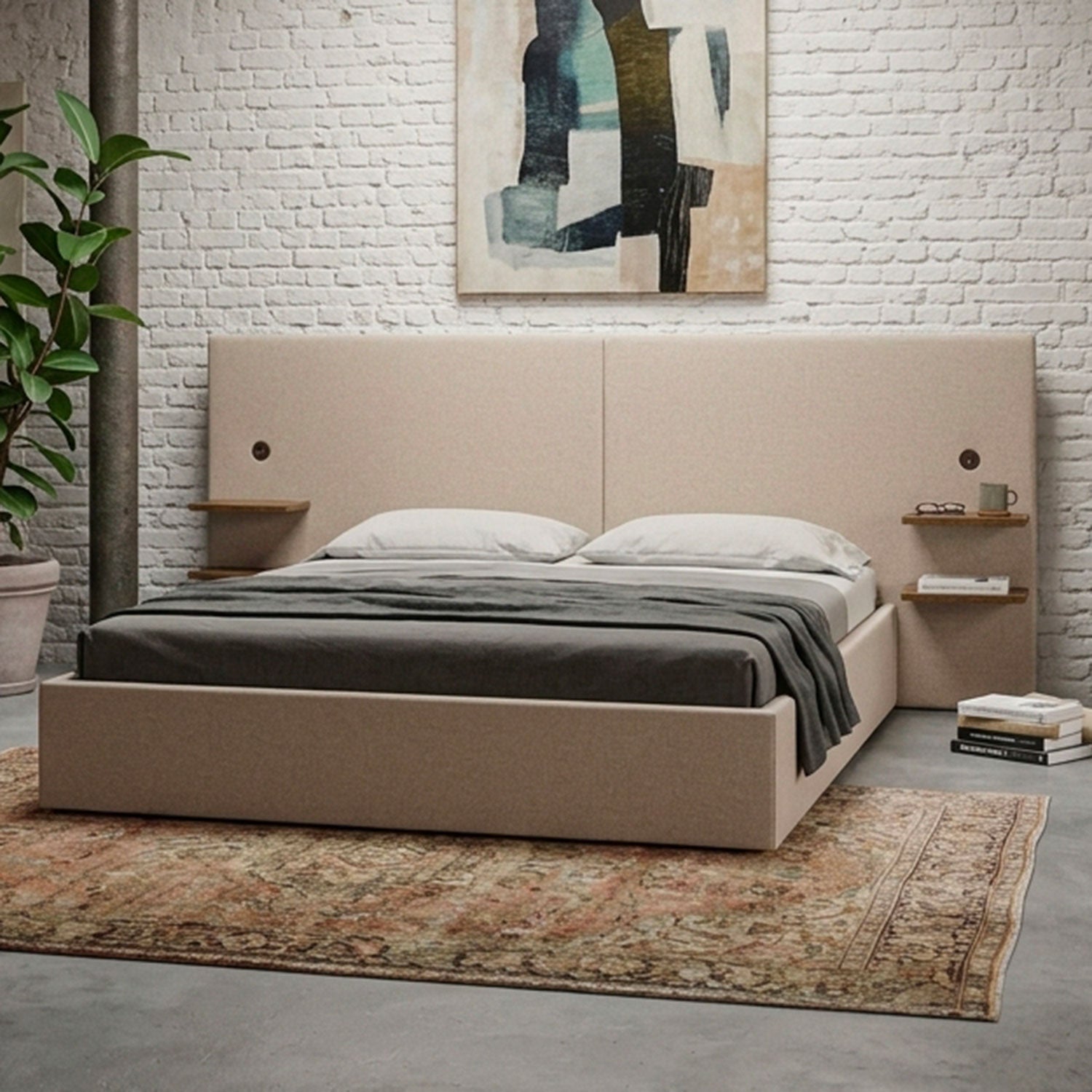 Lit-coffre complet avec tablettes et ports USB intégrés Lukas 180x200cm Tissu Taupe clair