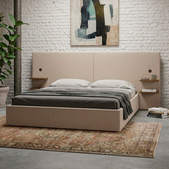 Lit-coffre complet avec tablettes et ports USB intégrés Lukas 180x200cm Tissu Taupe clair