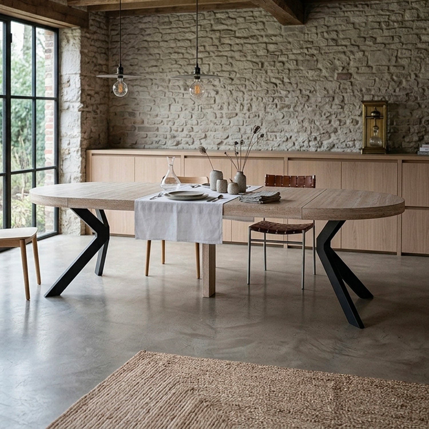 Table ronde extensible 110-260cm Myriade Effet travertin Beige et Noir