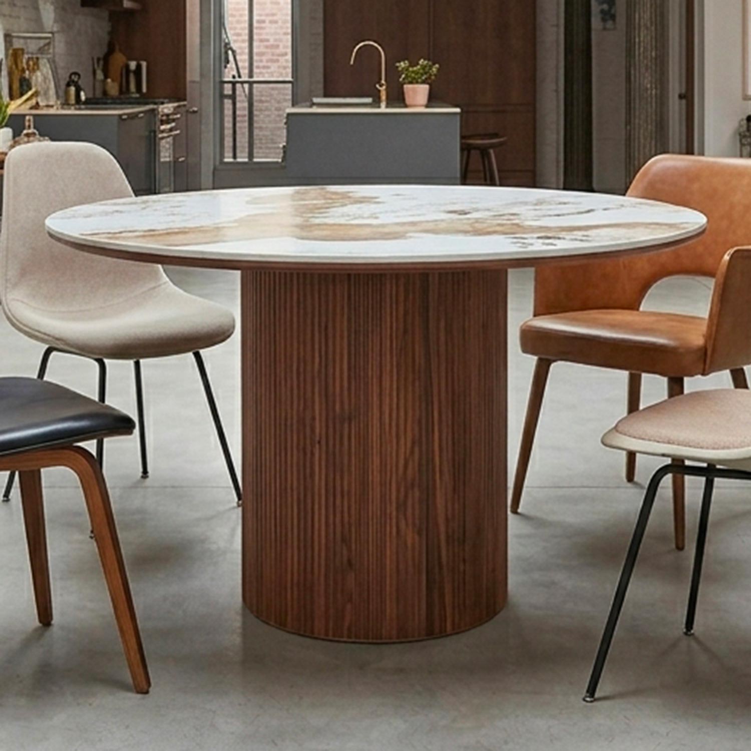 Table ronde moderne 120cm Églantine Céramique effet marbre blanc et pied colonne strié