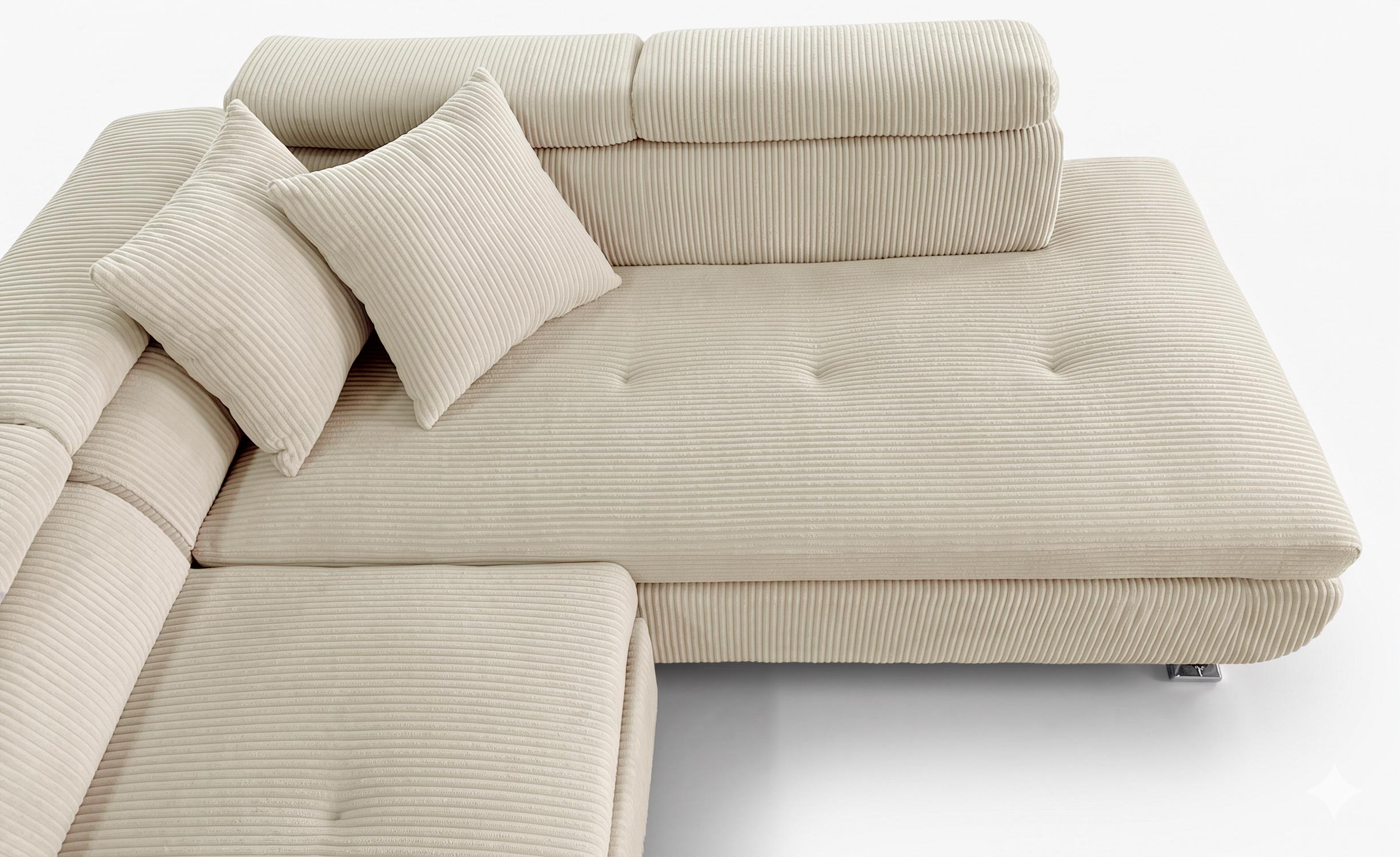 Canapé d'angle convertible Antoni avec têtières relevables angle à droite Velours côtelé Beige