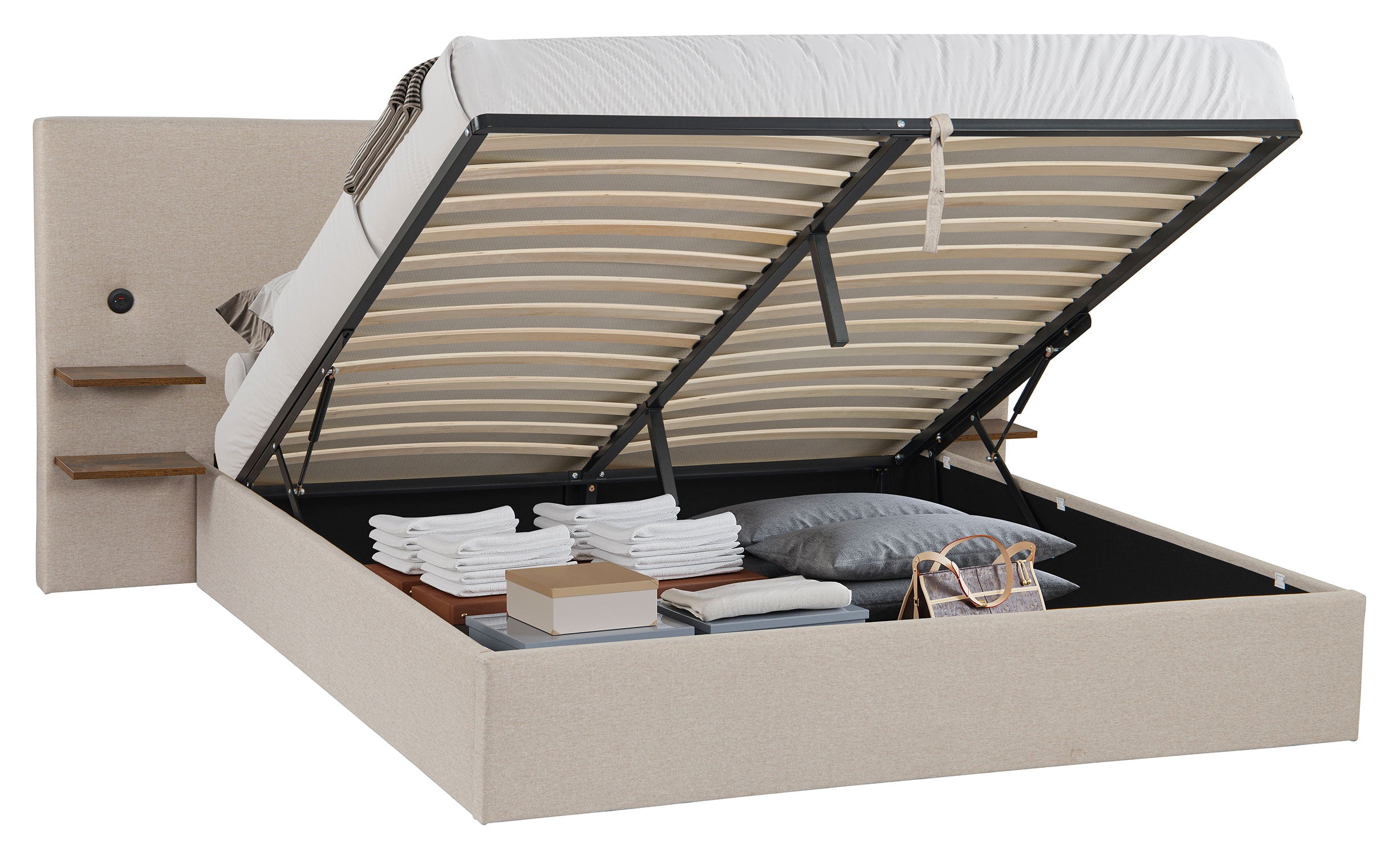 Lit-coffre complet avec tablettes et ports USB intégrés Lukas 180x200cm Tissu Taupe clair