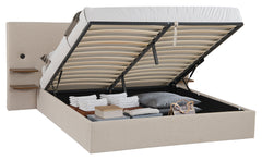 Lit-coffre complet avec tablettes et ports USB intégrés Lukas 180x200cm Tissu Taupe clair
