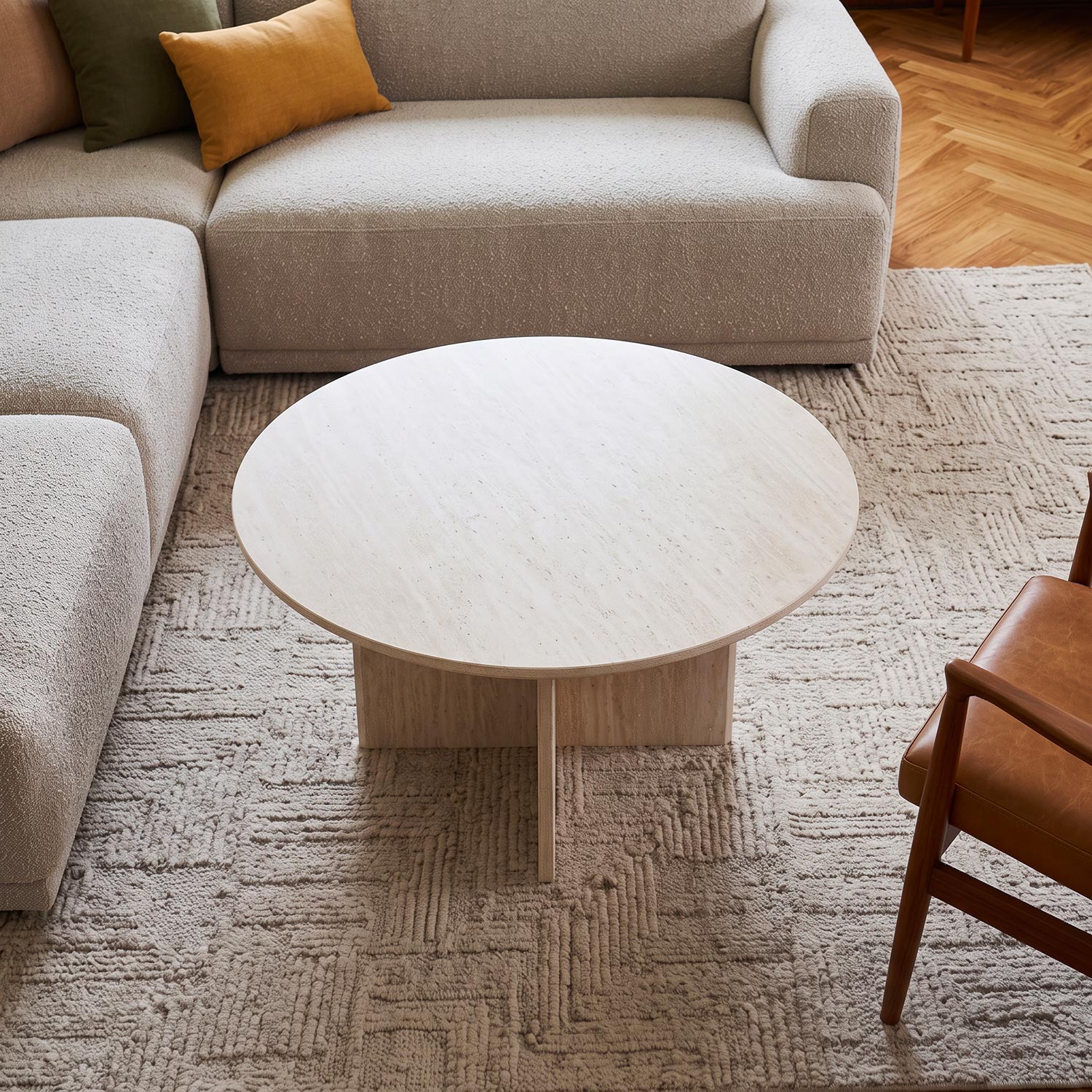 Table basse ronde élégante 80cm Calyptus Effet travertin Beige