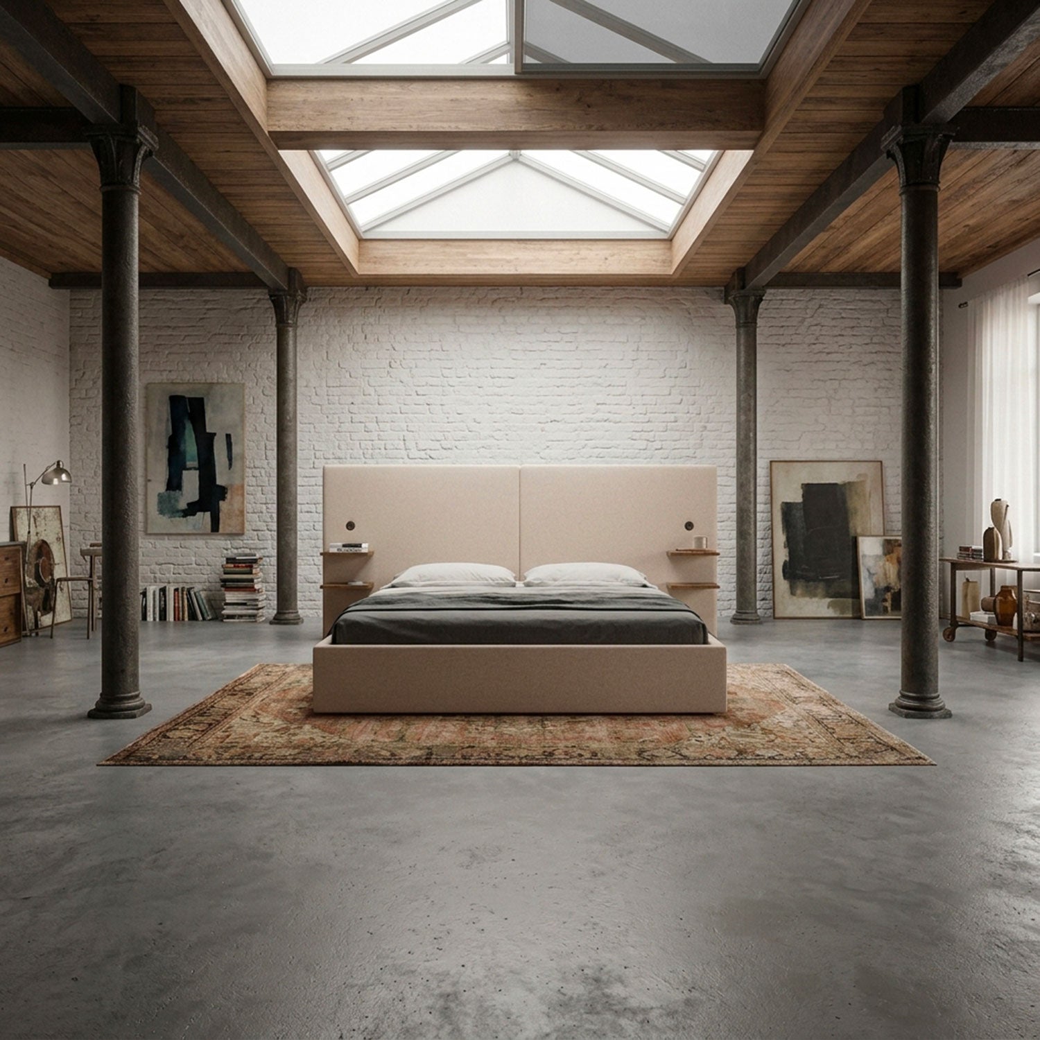 Lit-coffre complet avec tablettes et ports USB intégrés Lukas 180x200cm Tissu Taupe clair
