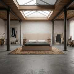 Lit-coffre complet avec tablettes et ports USB intégrés Lukas 180x200cm Tissu Taupe clair