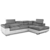 Sofá esquinero Alixto convertible, brazo derecho, símil piel blanco y tela gris claro