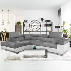 Canapé d'angle convertible avec têtières relevables Alixto angle gauche simili blanc et tissus gris clair