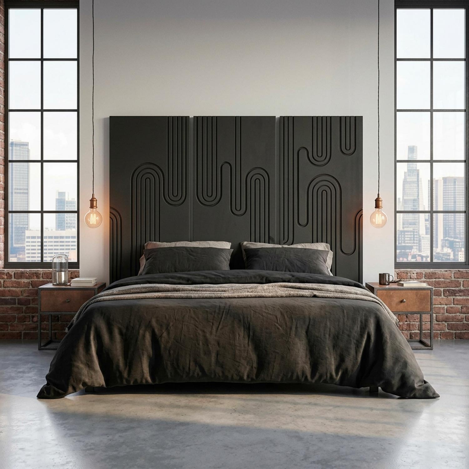 Tête de lit murale triptyque Aurore 160cm Bois sculpté Noir