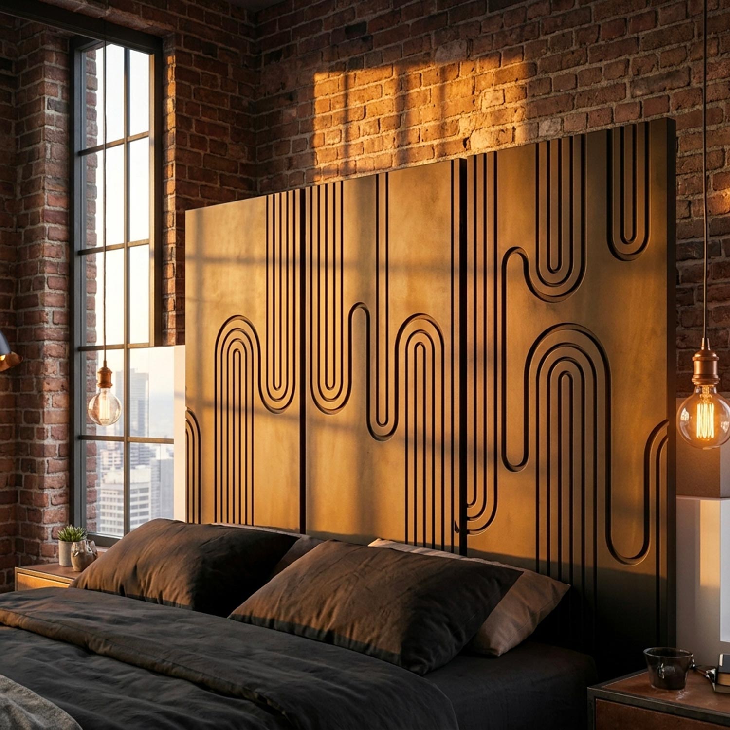 Tête de lit murale triptyque Aurore 160cm Bois sculpté Noir