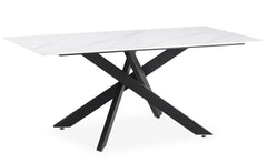 Mesa de comedor rectangular Brillya de metal negro y cerámica efecto mármol blanco