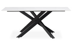 Mesa de comedor rectangular Brillya de metal negro y cerámica efecto mármol blanco