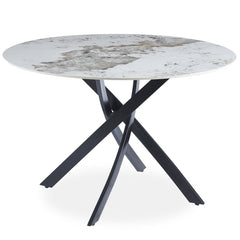 Mesa redonda Callini cerámica mármol blanco 120cm patas cruzadas metal negro