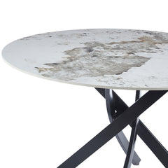 Mesa redonda Callini cerámica mármol blanco 120cm patas cruzadas metal negro