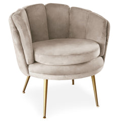 Fauteuil rond en velours taupe avec pieds en métal doré
