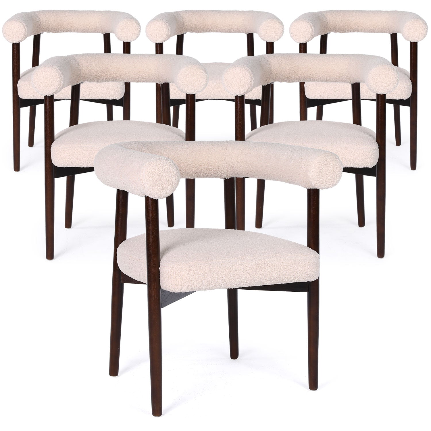 Lot de 6 chaises style scandinave chic Bringo Bois foncé et Tissu bouclette Beige