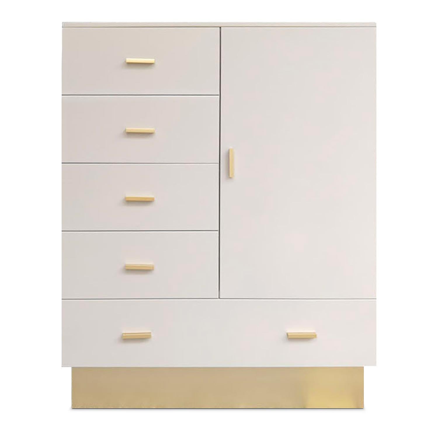 Buffet haut moderne 5 tiroirs et 1 porte Nestor Taupe clair et Or